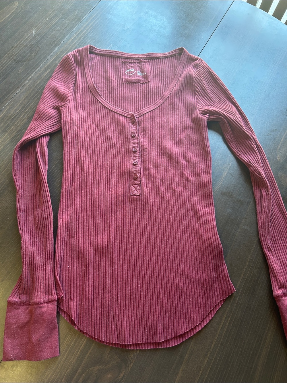 aerie Ribbed Henley Long Sleeve Top - Wine size S